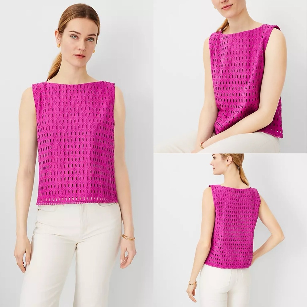 Ann Taylor Cotton Eyelet Boatneck Top Size XS NWT Color Magenta Shadow Summer